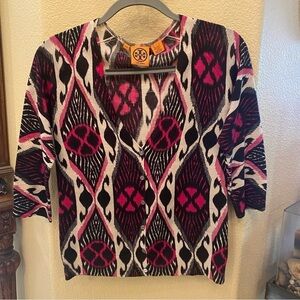 TORY BURCH Women 100% Wool Ikat Dabney 3/4 Sleeve Cardigan Size Large